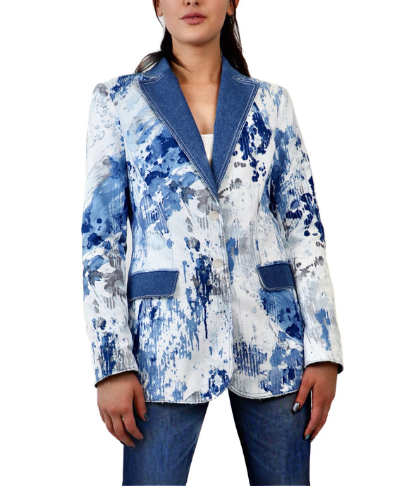 Grunge Print Blazer with Denim Lapel - KetiVani